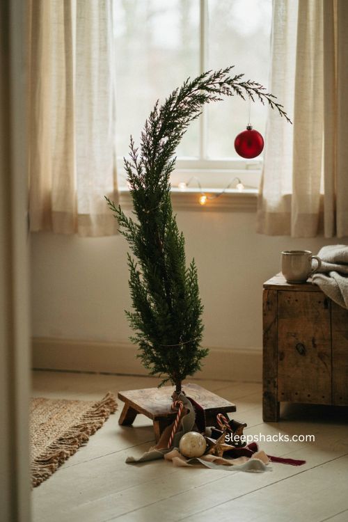 Diy grinch christmas tree with bent cypress trunk and red ornament