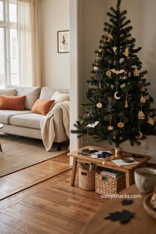 Diy halloween tree with handmade black bat cat spider and ghost stencil ornaments 