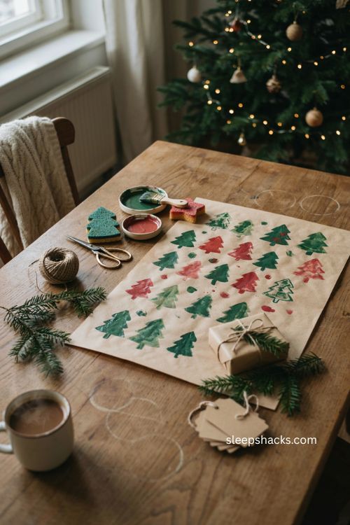 Diy stamped christmas wrapping paper for toddlers with kraft paper sponge trees red green paint and handmade gift wrap 