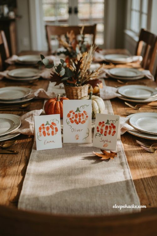 Diy thanksgiving centerpieces kids fingerprint pumpkin place cards