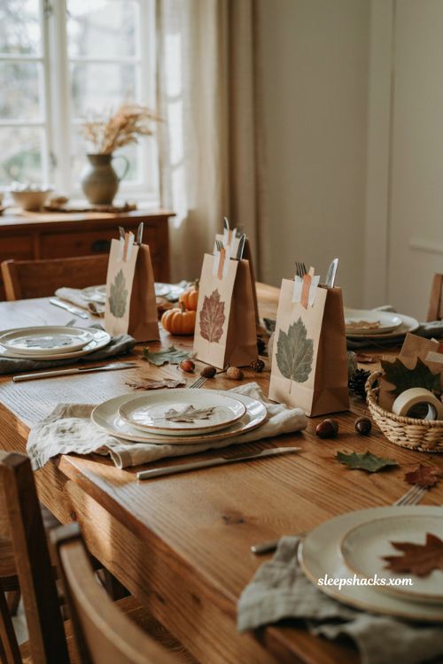 Diy thanksgiving leaf imprint silverware bags for kids

