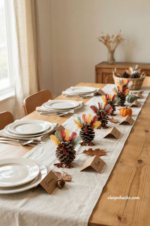 Diy thanksgiving pine cone turkey place cards for kids
