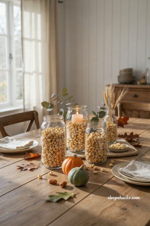 Diy thanksgiving popcorn vase centerpiece with candle and autumn table decor
