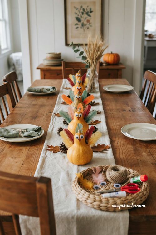 Diy thanksgiving turkey gourd centerpiece with googly eyes and feathers
