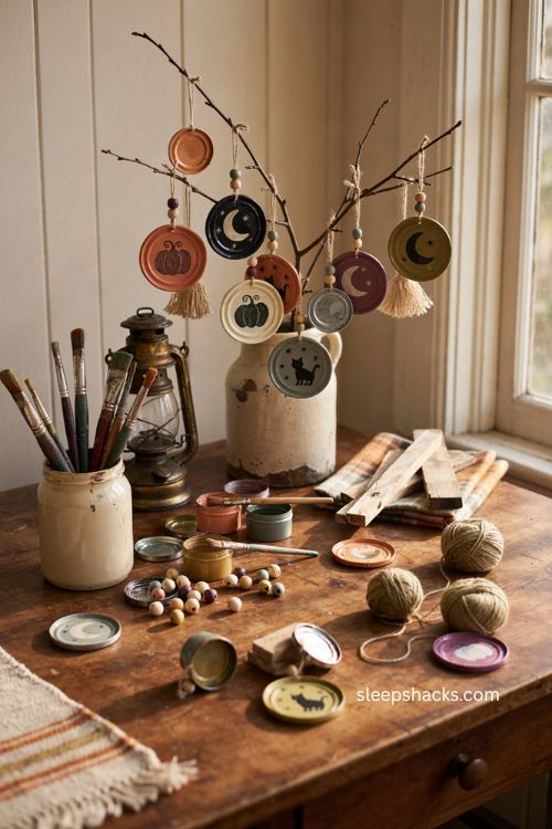Diy tin can lid ornaments with rustic retro Halloween charm 