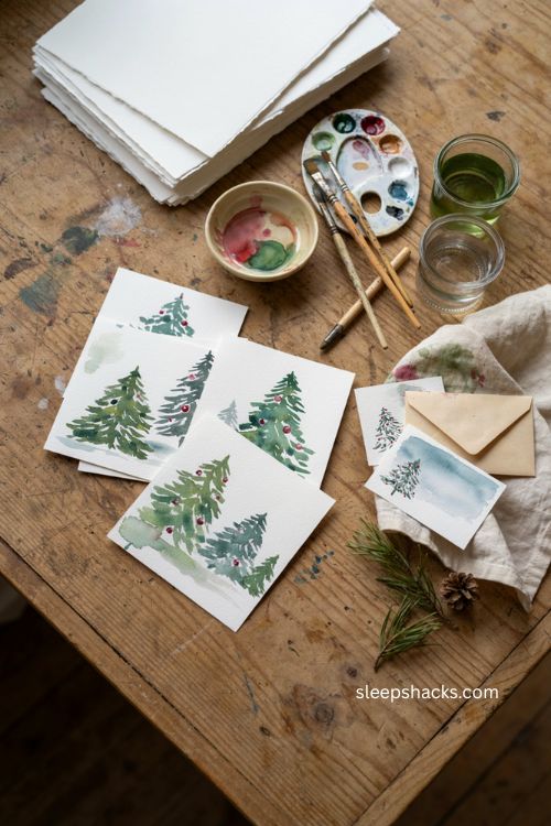 Diy watercolor Christmas cards with handmade holiday painting supplies 