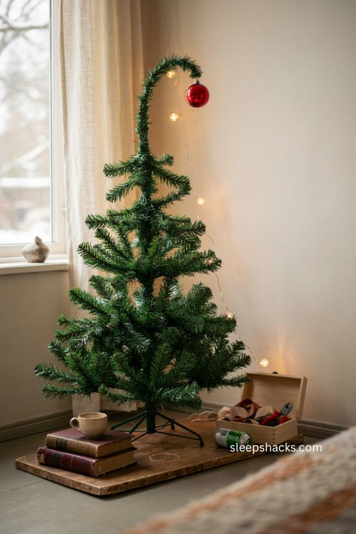 Dollar store diy grinch tree hack with curved green branches and red ornament