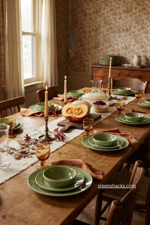 Dollar tree Thanksgiving table with jadeite and milk glass 