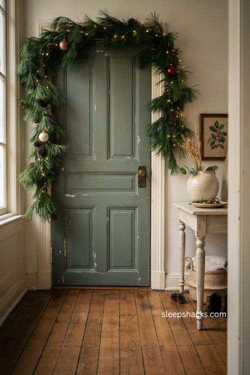 Doorway garland Christmas decor with warm white lights in a cozy foyer