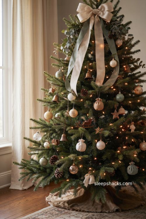 Double layered ribbon bow Christmas tree topper with dusty green and ivory ribbons 