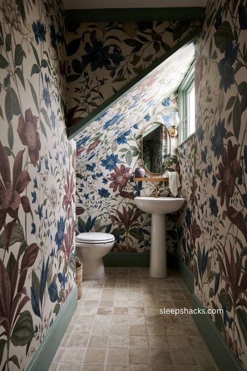 Downstairs toilet ideas with bold botanical wallpaper and neutral fixtures
