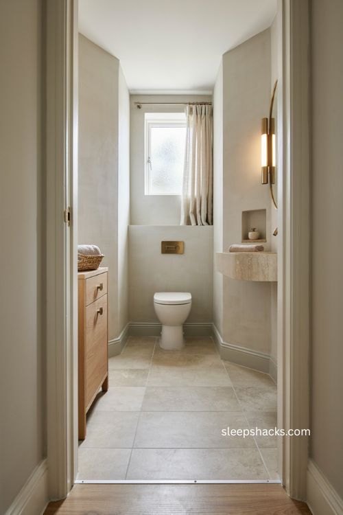 Downstairs toilet ideas with short projection toilet and compact bathroom layout