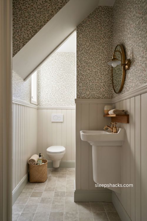 Downstairs toilet ideas with wall paneling botanical wallpaper and brass fixtures