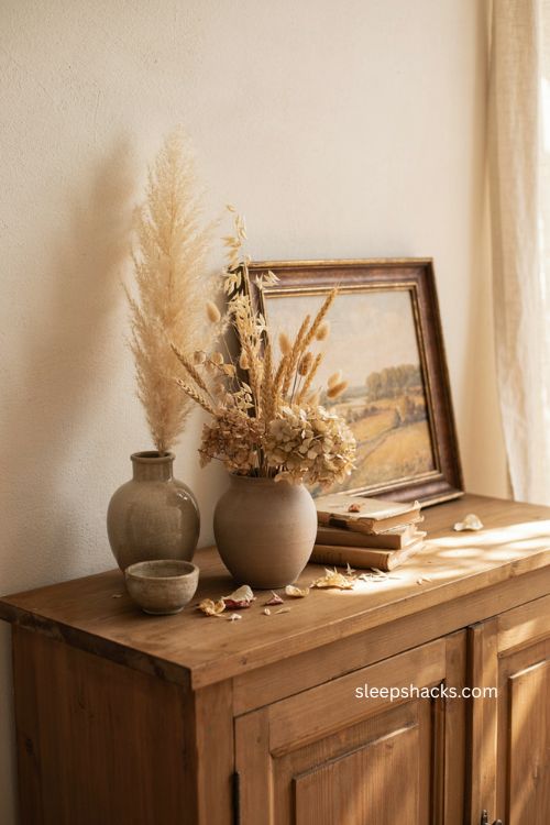 Dried botanicals vignette with pampas grass wheat and preserved hydrangeas on a bookshelf