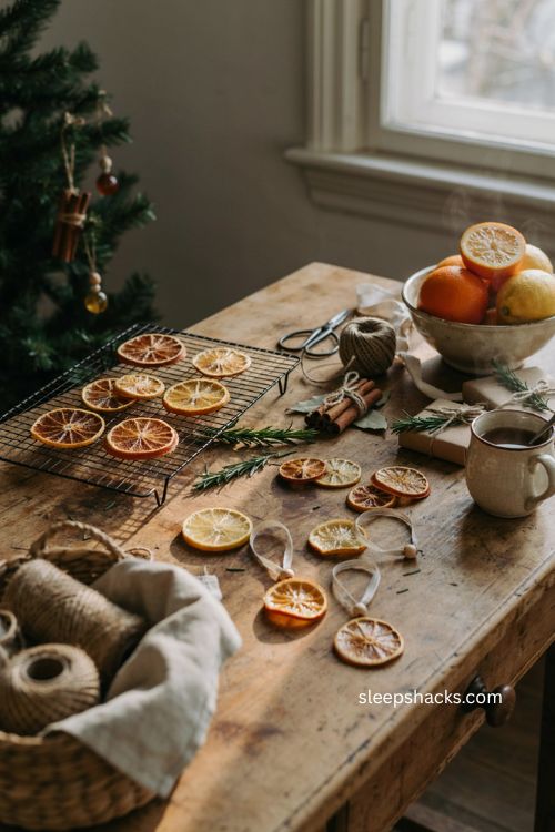 Dried citrus slice Christmas ornaments with cinnamon rosemary and rustic holiday decor