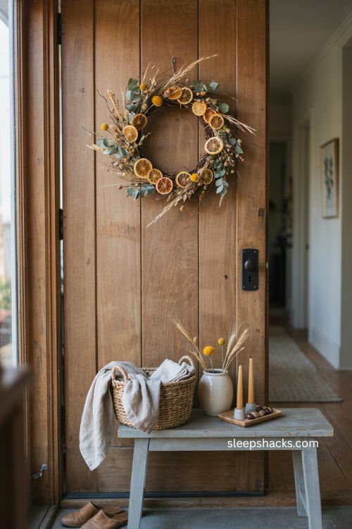 Dried citrus slice fall thanksgiving wreath with grasses safflower and farmhouse decor 