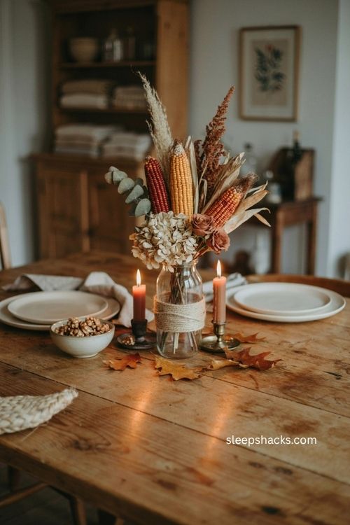 Dried corn vase centerpiece with autumn flowers and raffia 