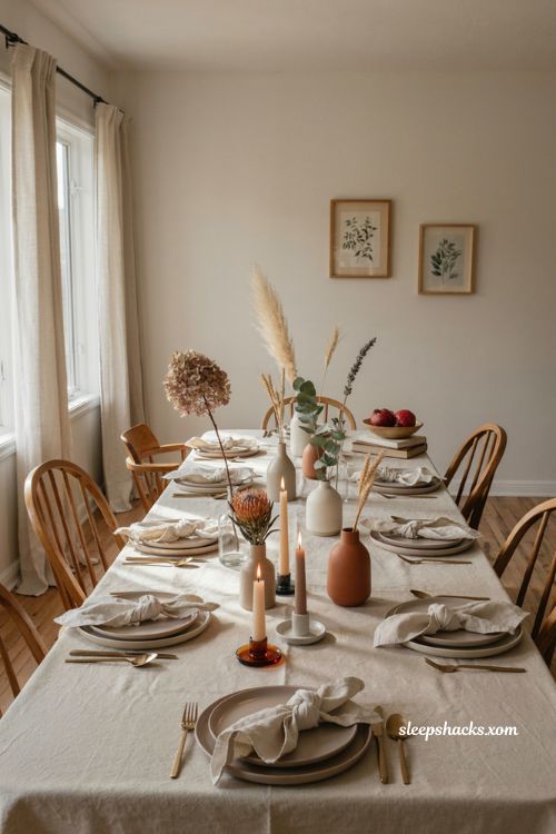 Dried flower Thanksgiving table centerpiece with cream rust and muted mauve stems in small vases
