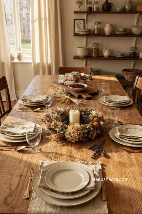 Dried flower wreath Thanksgiving centerpiece with herbs grasses seed pods and pillar candle 