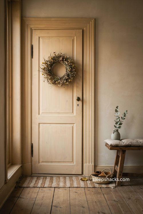 Dried grass wreath with wheat and neutral fall decor on a warm rustic entryway door