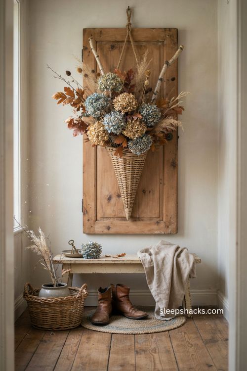 Dried hydrangea cone basket fall thanksgiving hanging decor for a rustic farmhouse door 