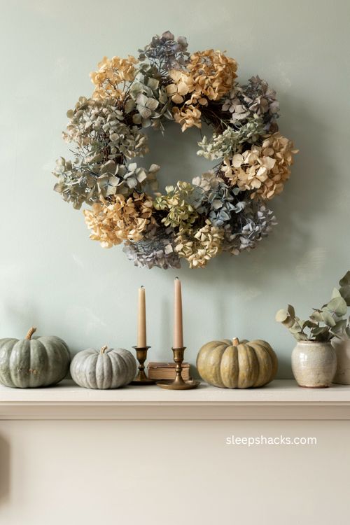 Dried hydrangea wreath with muted heirloom pumpkins on a sage mantle 