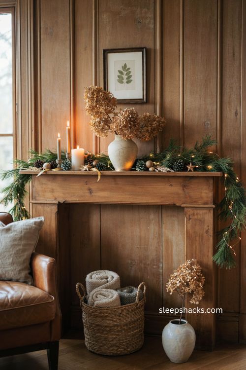 Dried hydrangeas Christmas decor with pine stems caramel brown blooms and rustic mantel