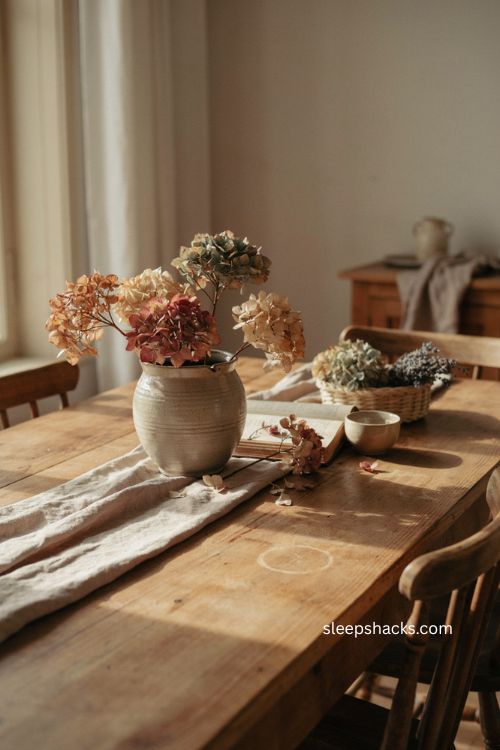 Dried hydrangeas in a ceramic vase with soft neutral fall decor