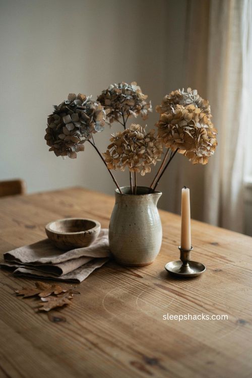 Dried hydrangeas in grey cream tones for minimalist Halloween home decor
