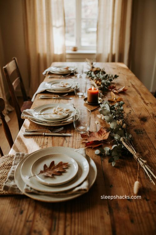 Dried leaves and cotton stems on Thanksgiving napkins 