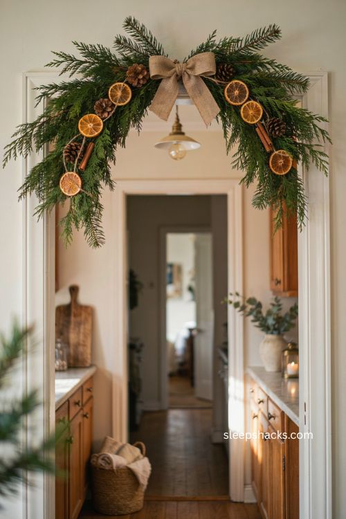 Dried orange Christmas swag with pine cedar cinnamon sticks and linen bow