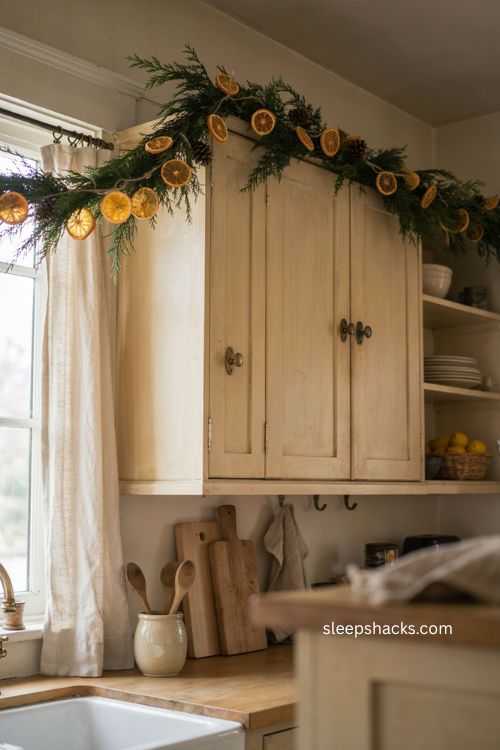 Dried orange and evergreen garland Christmas kitchen cabinet decor 