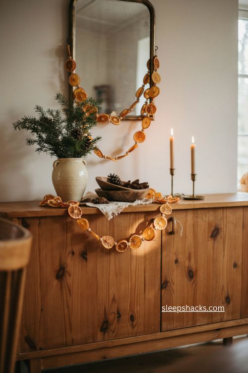 Dried orange garland Christmas sideboard decor with wooden beads and greenery