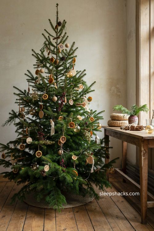 Dried orange slice Christmas tree with natural handmade ornaments and rustic decor 
