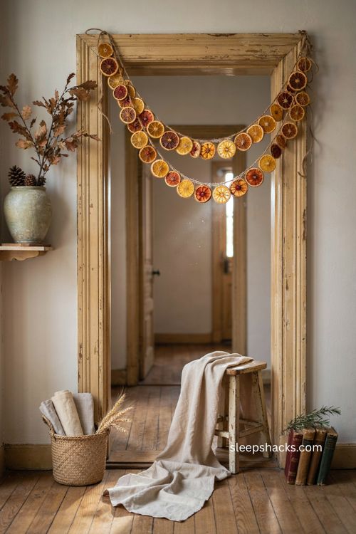 Dried orange slice and cranberry garland on a rustic Thanksgiving doorway with natural twine
