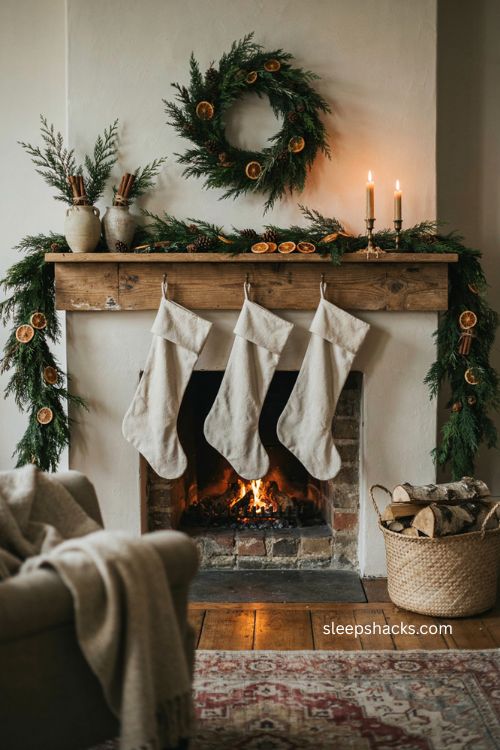Dried orange slice chimney Christmas decor with pinecones and greenery