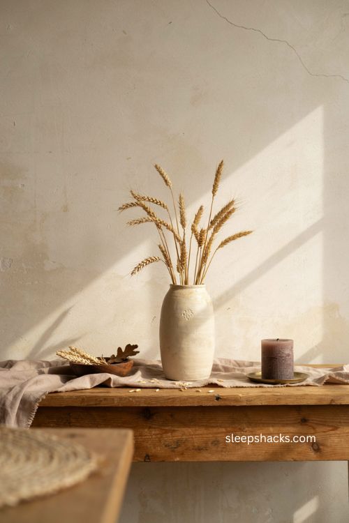 Dried wheat stalks in ceramic vase for minimalist Halloween autumn decor