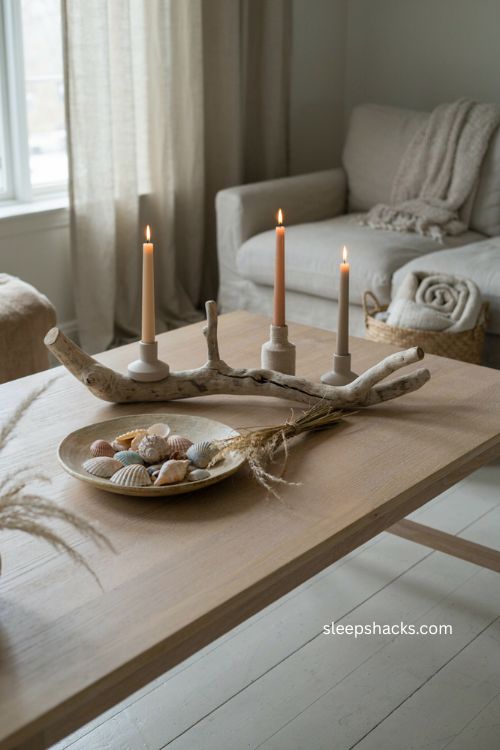Driftwood and seashells coastal christmas coffee table decor 