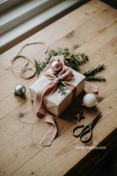 Dusty pink velvet ribbon Christmas gift wrapping with rosemary and ornament 