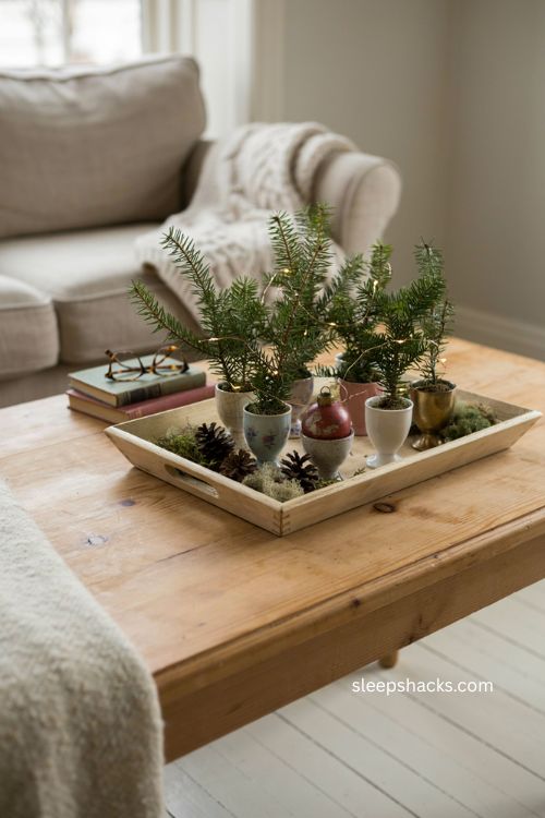 Easy Christmas decor with a mini evergreen forest in vintage egg cups 