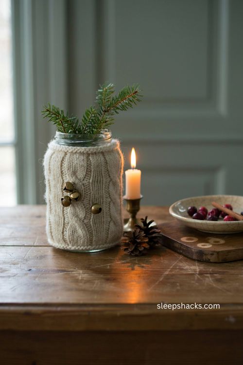 Easy Christmas decor with a thrifted sweater wrapped around a vase 