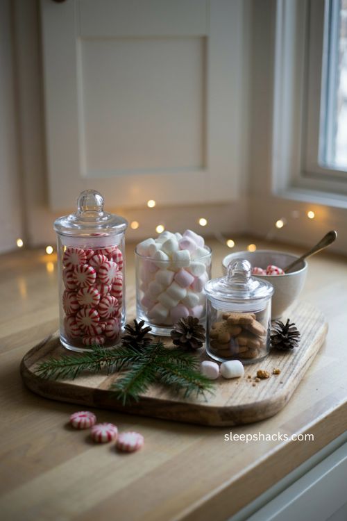 Easy Christmas decor with apothecary jars filled with holiday treats 