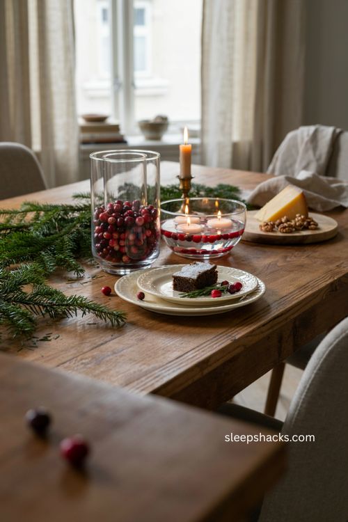 Easy Christmas decor with fresh cranberries and candles 