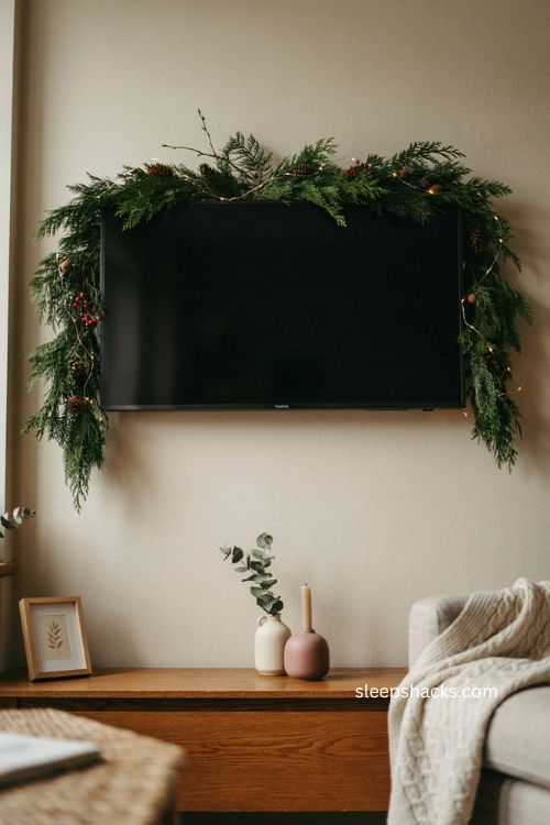 Easy Christmas decor with garland and twinkle lights over the TV 
