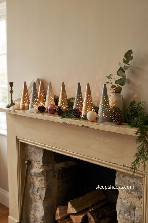 Easy Christmas decor with glowing metallic paper cones on a mantel 