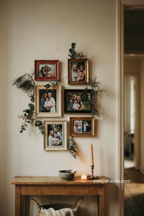 Easy Christmas decor with greenery behind framed photos 
