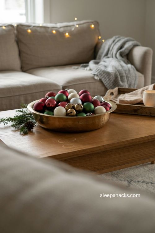 Easy Christmas decor with ornaments and jingle bells in a bowl 