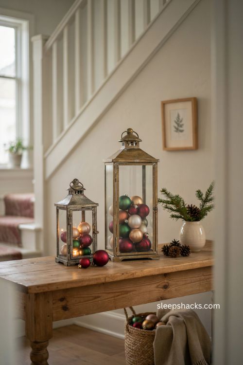 Easy Christmas decor with ornaments filling a decorative lantern 