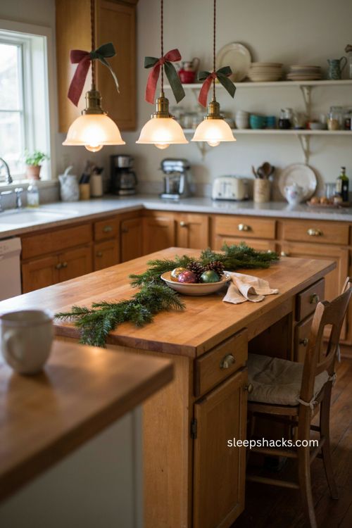 Easy Christmas decor with ribbon bows on pendant lights 
