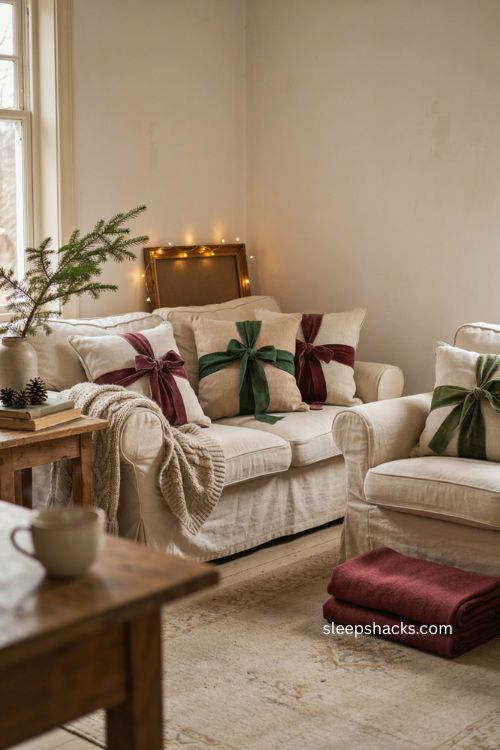 Easy Christmas decor with ribbon wrapped gift pillows 